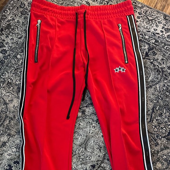 AMIRI Slim-Fit Tapered Leather-Trimmed Tech-Jersey Sweatpants - Red Size Medium - Picture 2 of 10